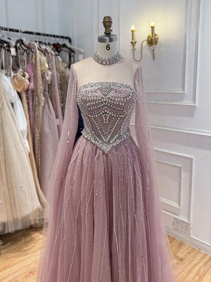 Luxury Pink High Neck Crystal Beaded A Line Evening Dress LA73885