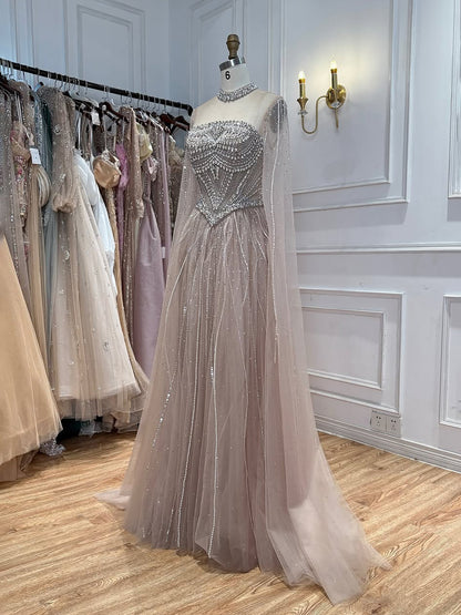Luxury Pink High Neck Crystal Beaded A Line Evening Dress LA73885
