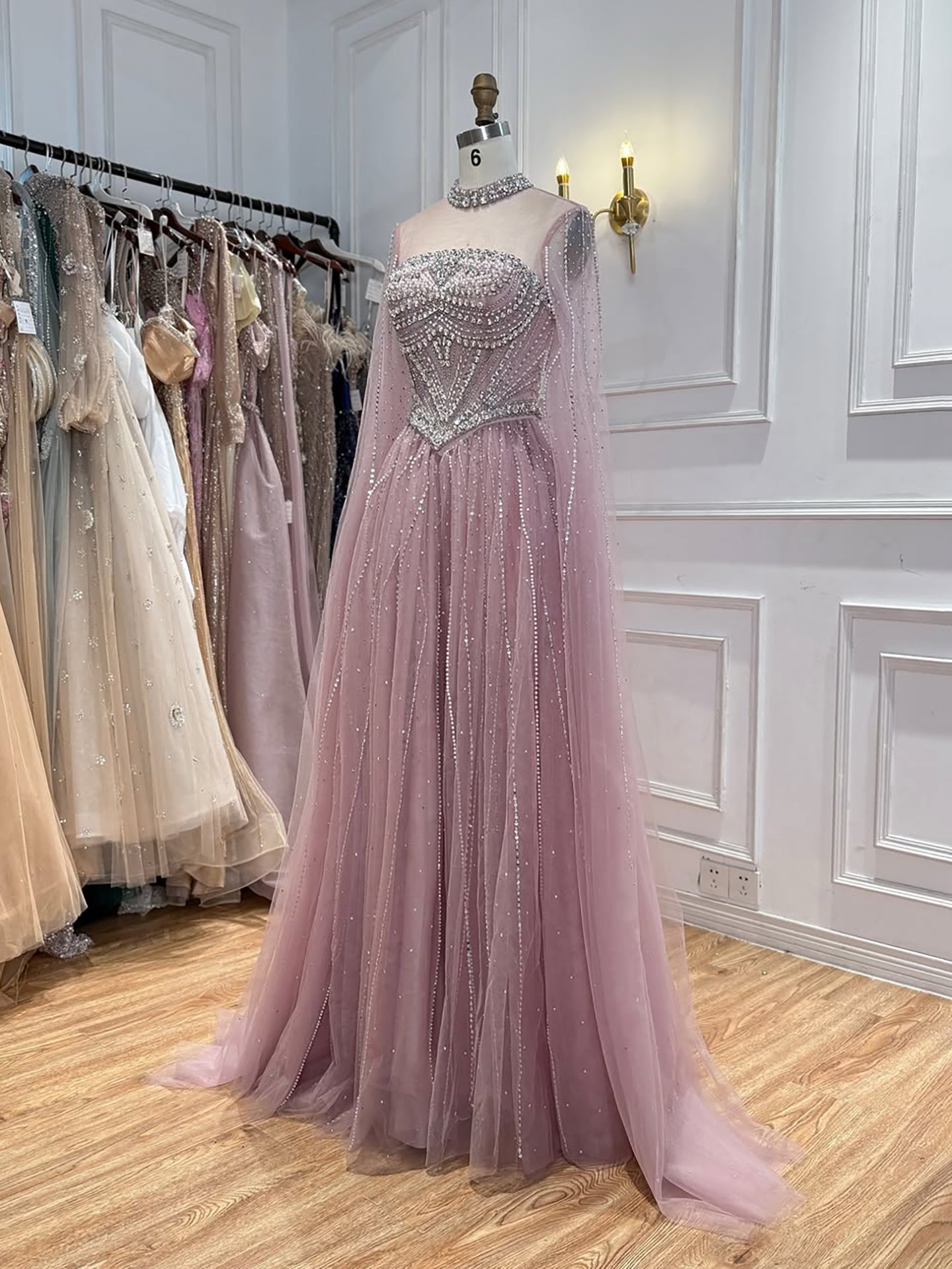 Luxury Pink High Neck Crystal Beaded A Line Evening Dress LA73885