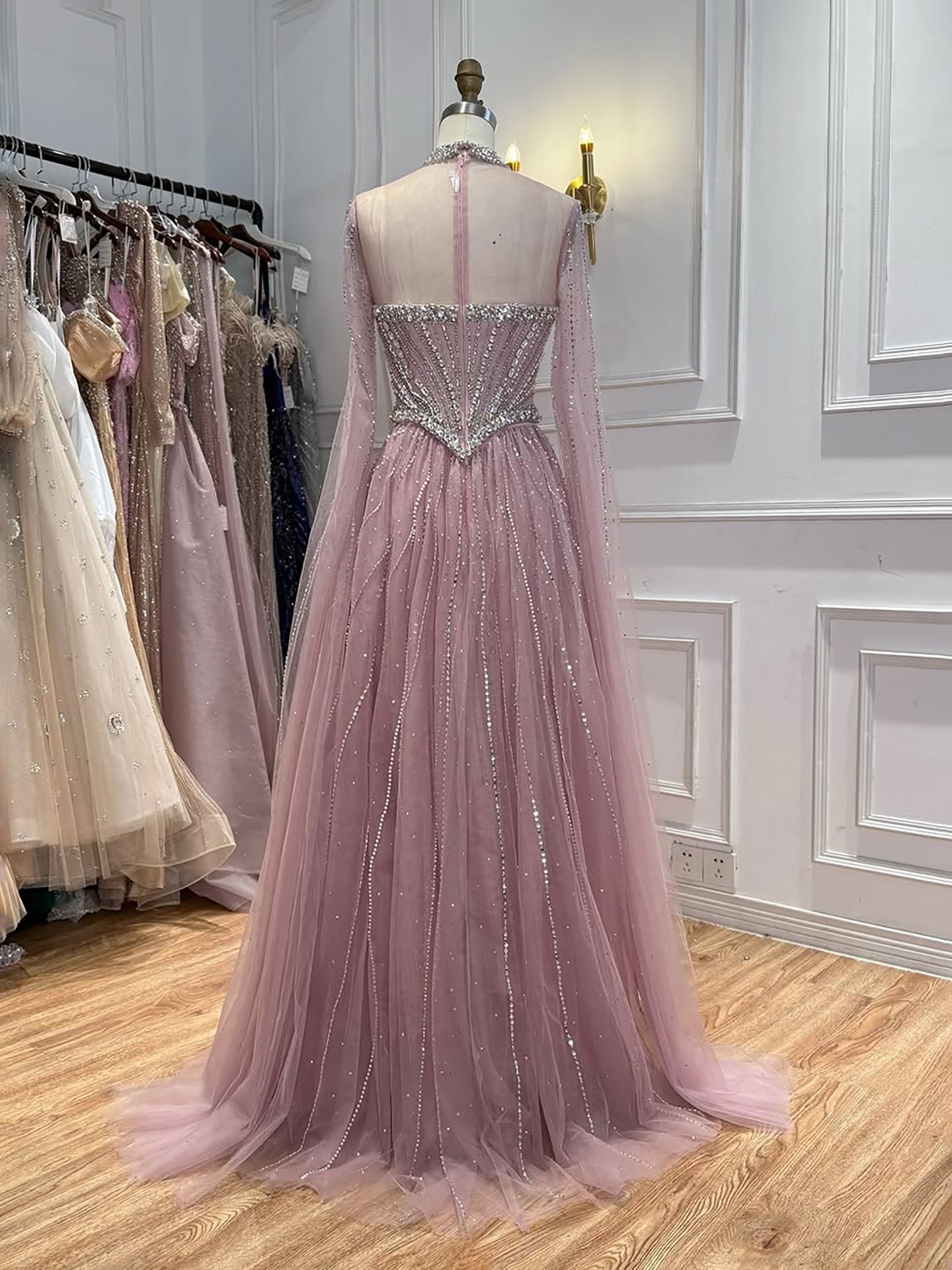 Luxury Pink High Neck Crystal Beaded A Line Evening Dress LA73885