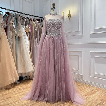 Luxury Pink High Neck Crystal Beaded A Line Evening Dress LA73885