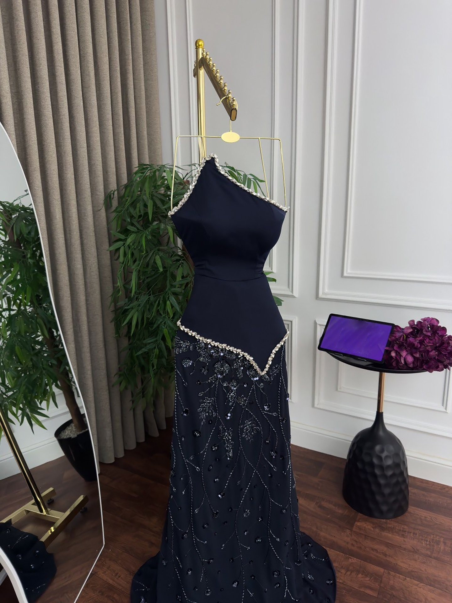 Luxury Navy Blue One Shoulder Pearl Beaded Mermaid Evening Dress LA73888