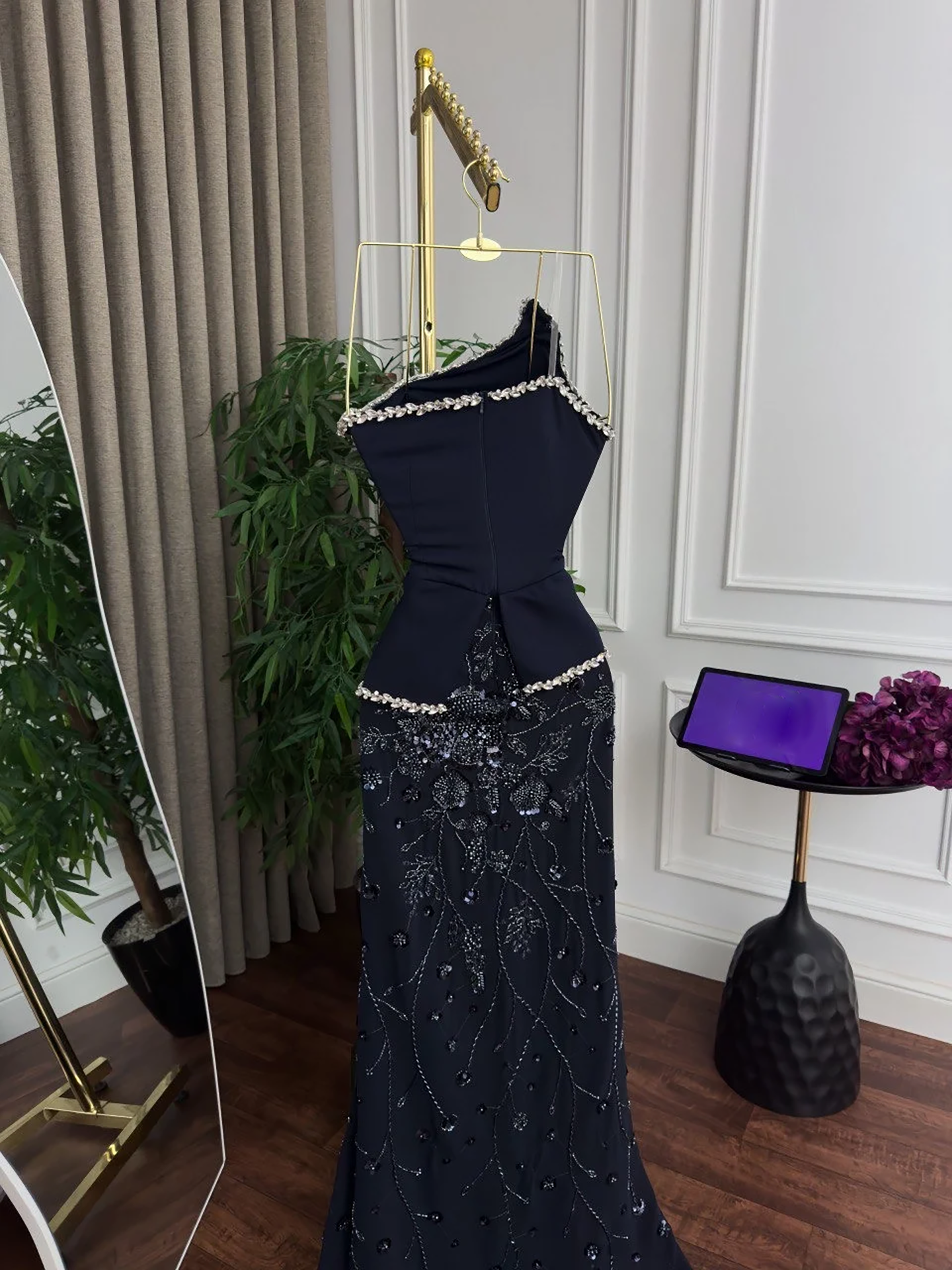 Luxury Navy Blue One Shoulder Pearl Beaded Mermaid Evening Dress LA73888