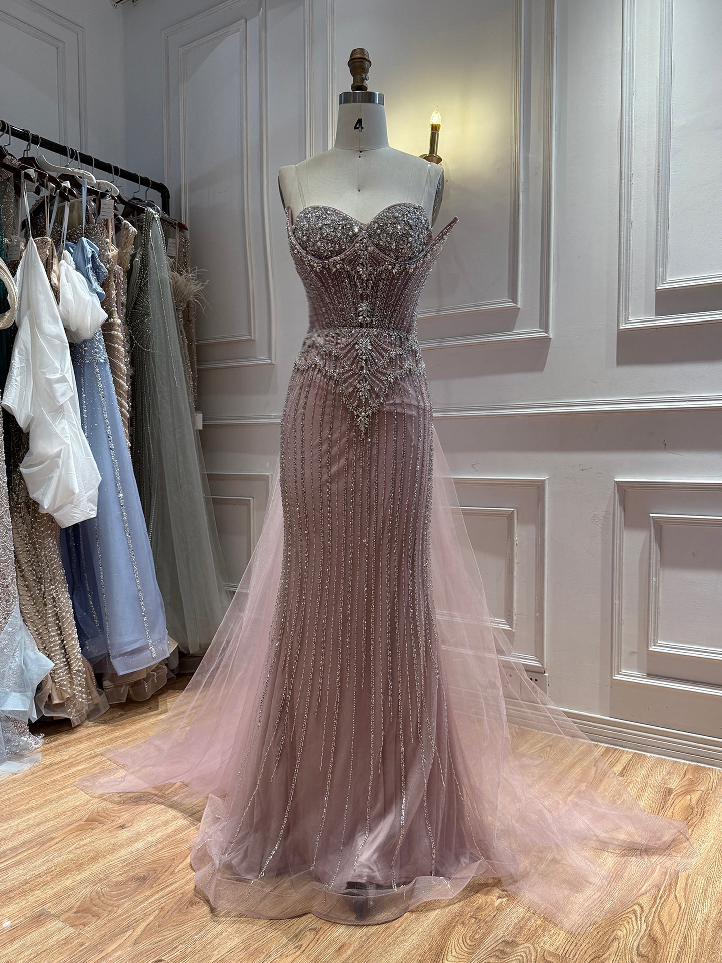 Luxury Nude Crystal Beaded Mermaid Dress With Overskirt LA73891