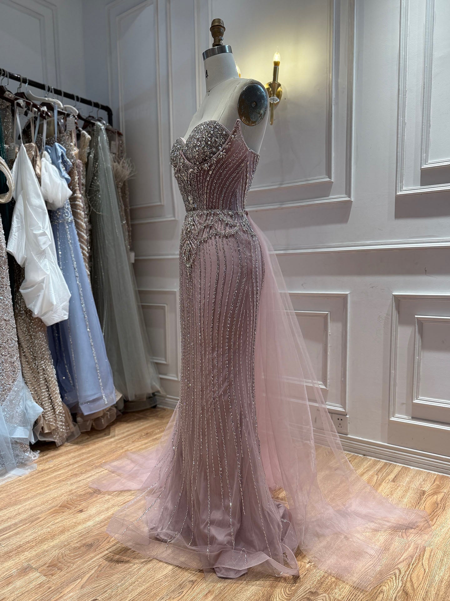 Luxury Nude Crystal Beaded Mermaid Dress With Overskirt LA73891
