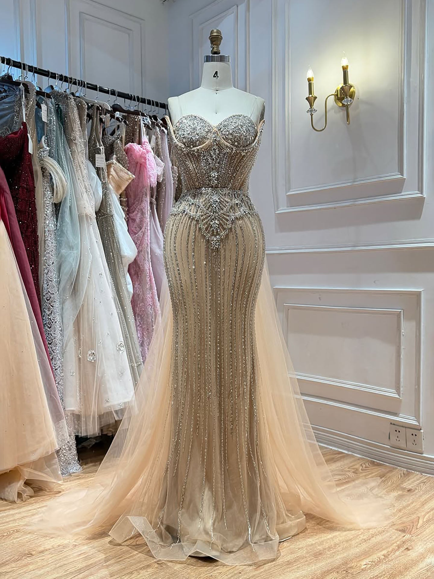 Luxury Nude Crystal Beaded Mermaid Dress With Overskirt LA73891