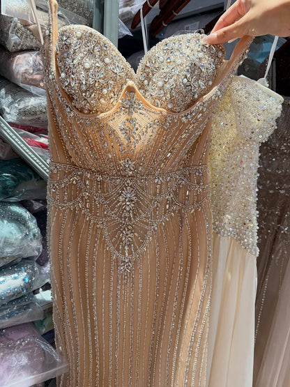 Luxury Nude Crystal Beaded Mermaid Dress With Overskirt LA73891
