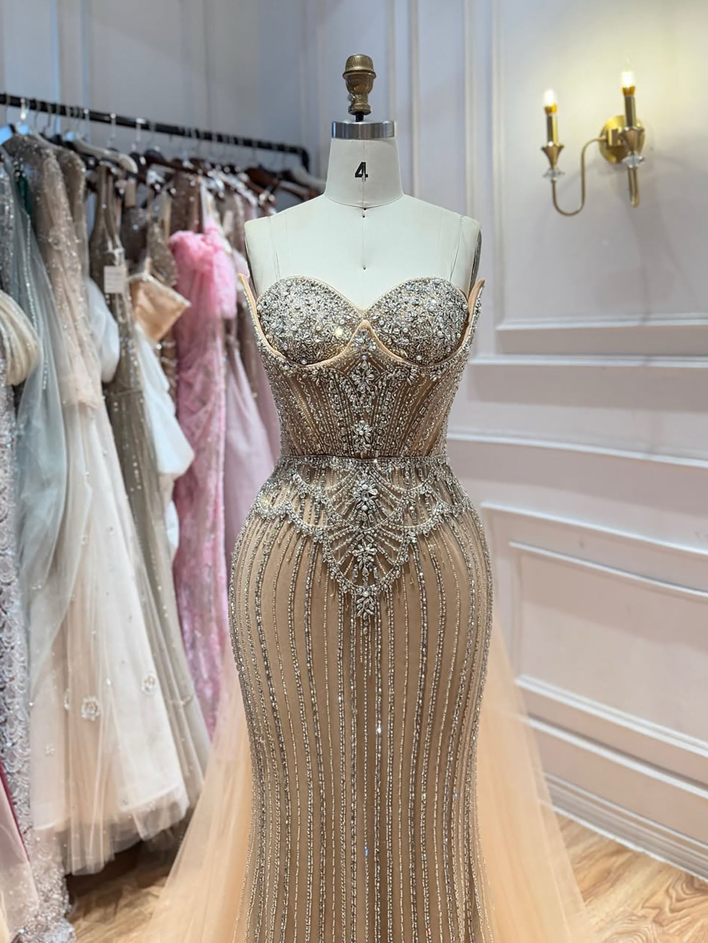 Luxury Nude Crystal Beaded Mermaid Dress With Overskirt LA73891