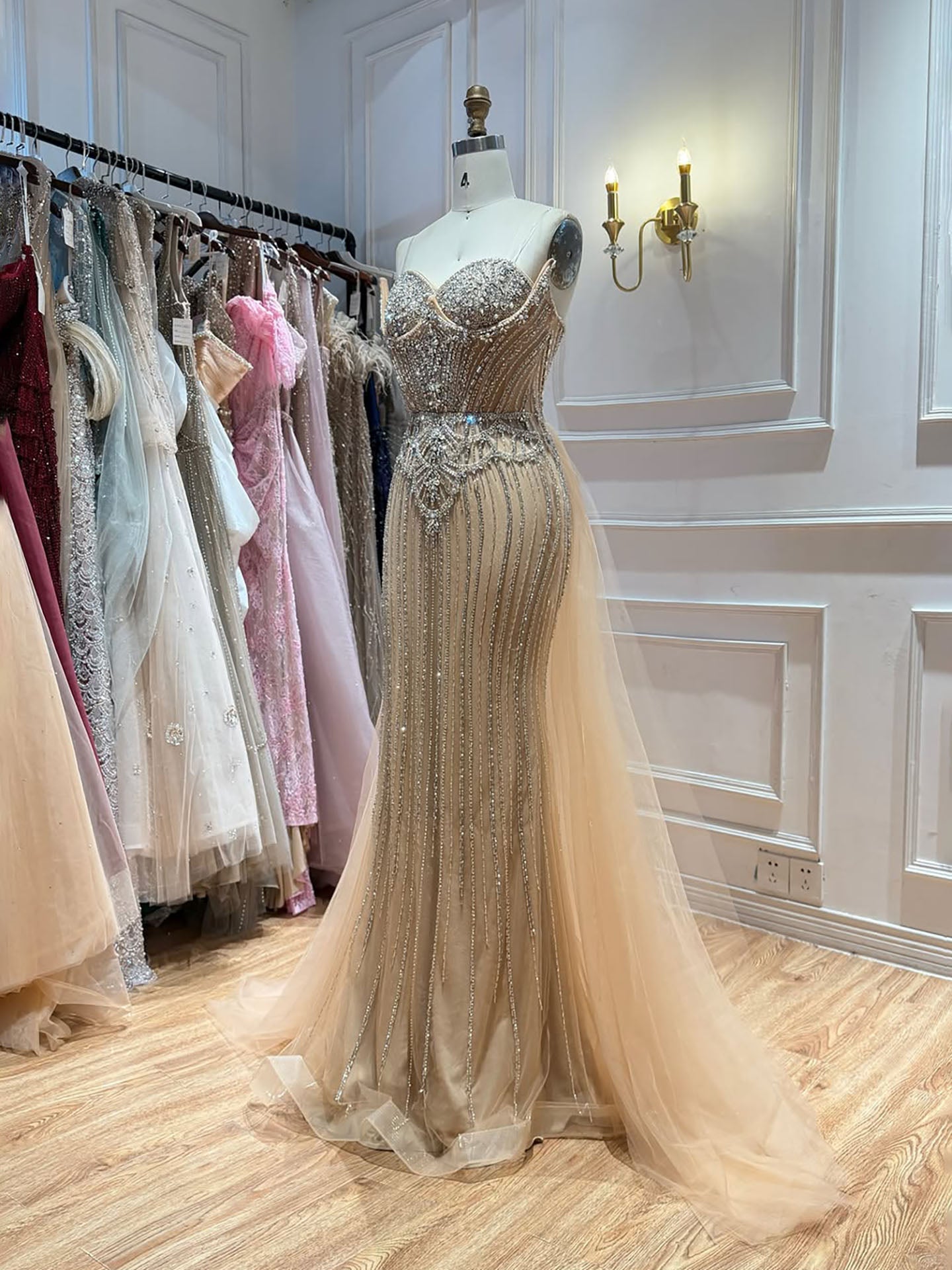 Luxury Nude Crystal Beaded Mermaid Dress With Overskirt LA73891