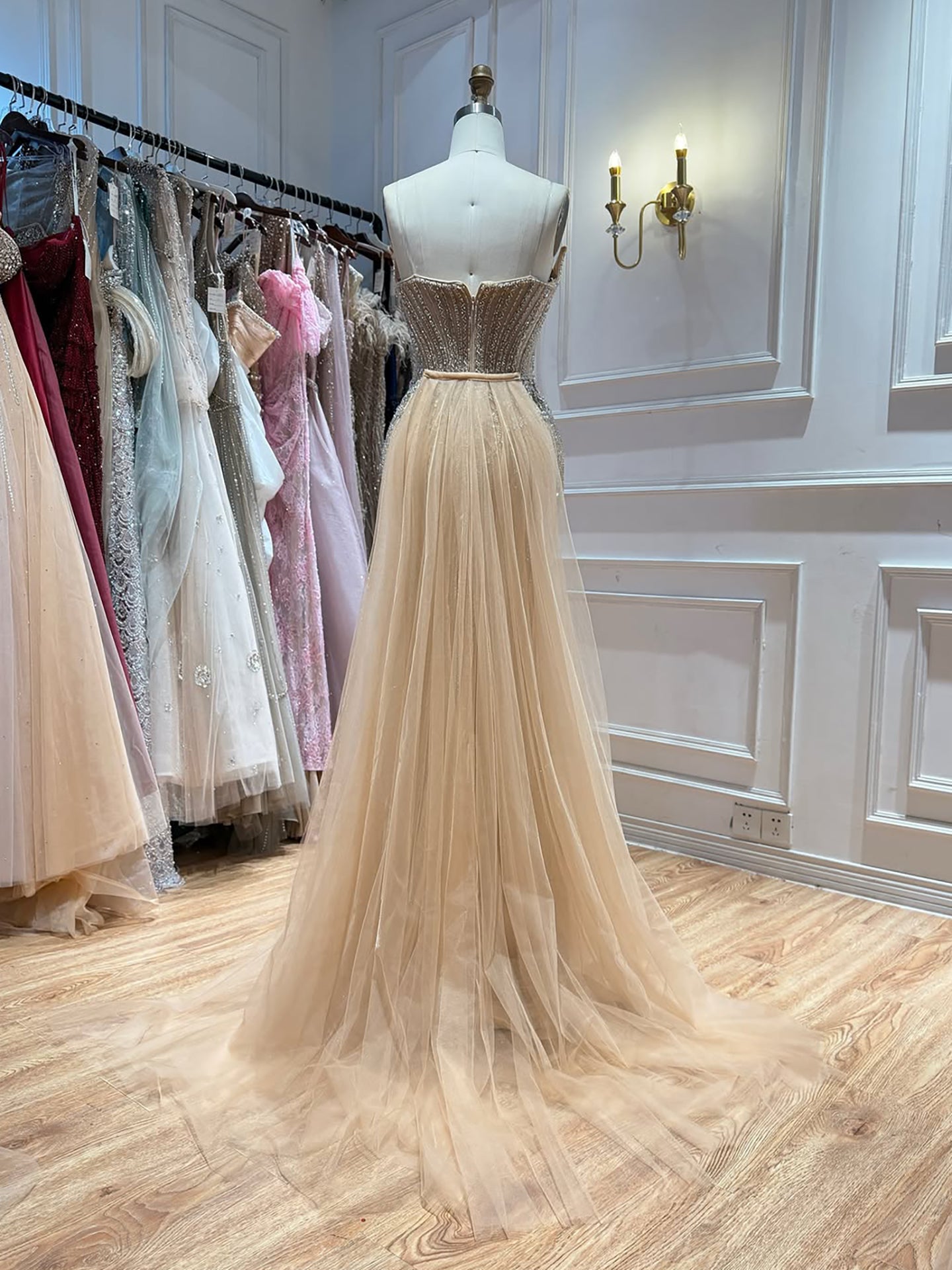 Luxury Nude Crystal Beaded Mermaid Dress With Overskirt LA73891