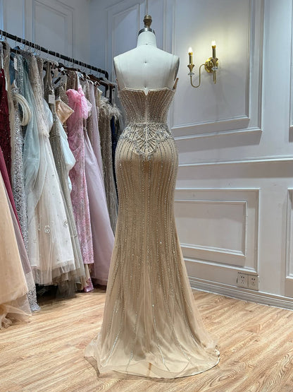 Luxury Nude Crystal Beaded Mermaid Dress With Overskirt LA73891
