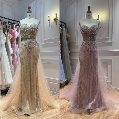 Luxury Nude Crystal Beaded Mermaid Dress With Overskirt LA73891