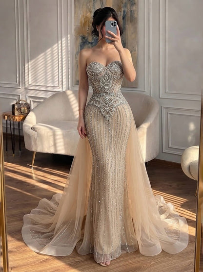 Luxury Nude Crystal Beaded Mermaid Dress With Overskirt LA73891