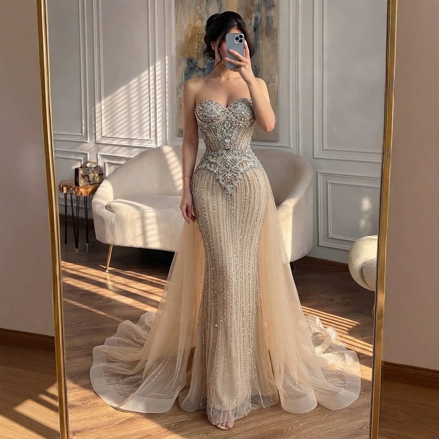 Luxury Nude Crystal Beaded Mermaid Dress With Overskirt LA73891
