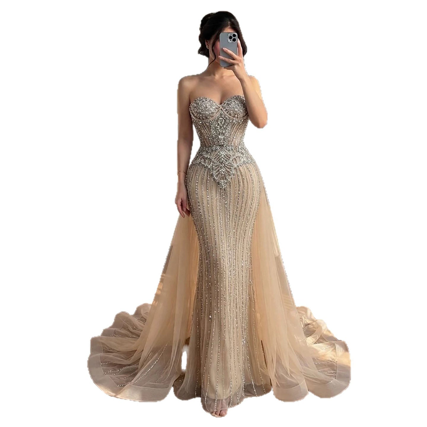 Luxury Nude Crystal Beaded Mermaid Dress With Overskirt LA73891