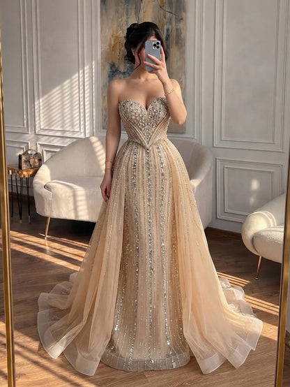 Luxury Nude Crystals Beaded Mermaid Evening Dress LA73892