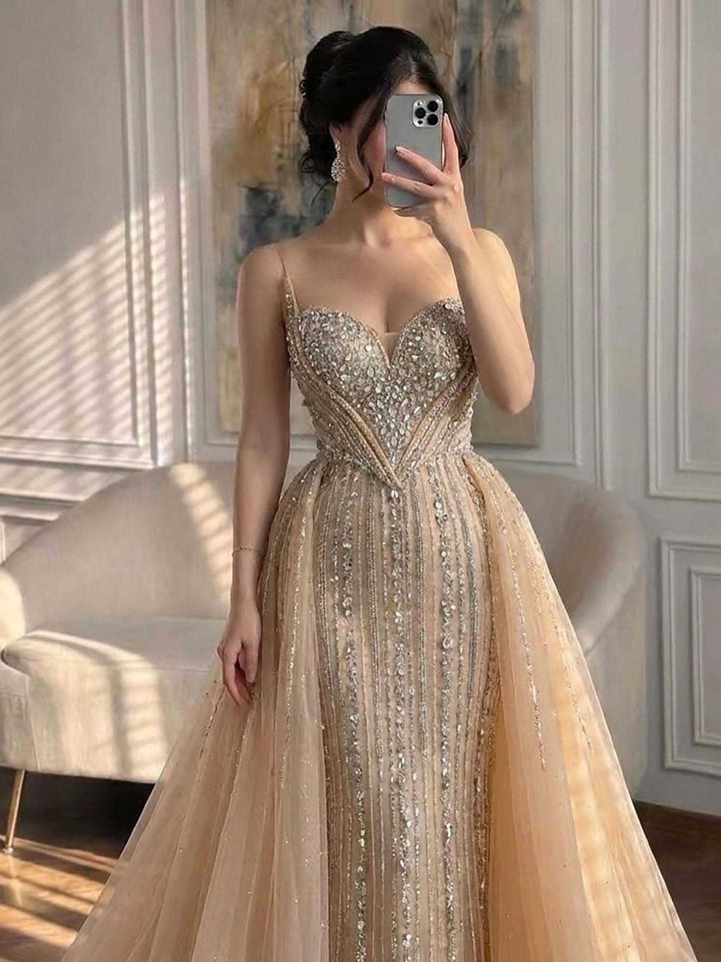 Luxury Nude Crystals Beaded Mermaid Evening Dress LA73892