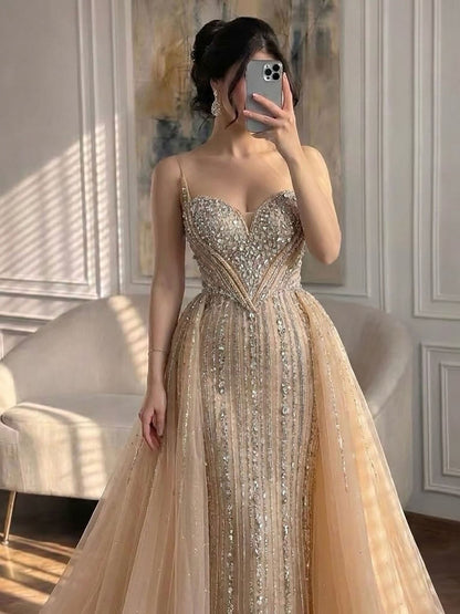 Luxury Nude Crystals Beaded Mermaid Evening Dress LA73892