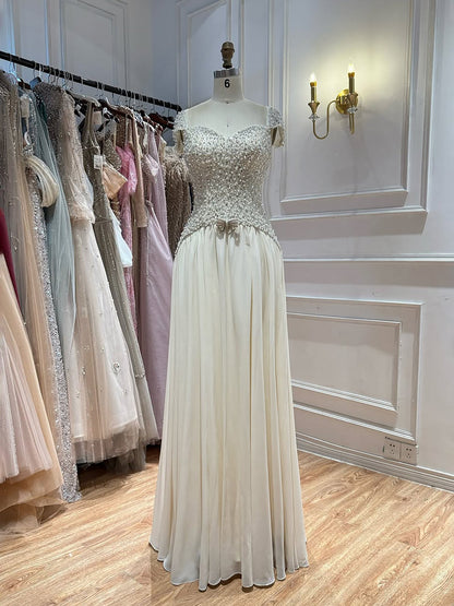 Luxury Beige Pearls Beaded Cap Sleeves A-Line Evening Dress LA73893