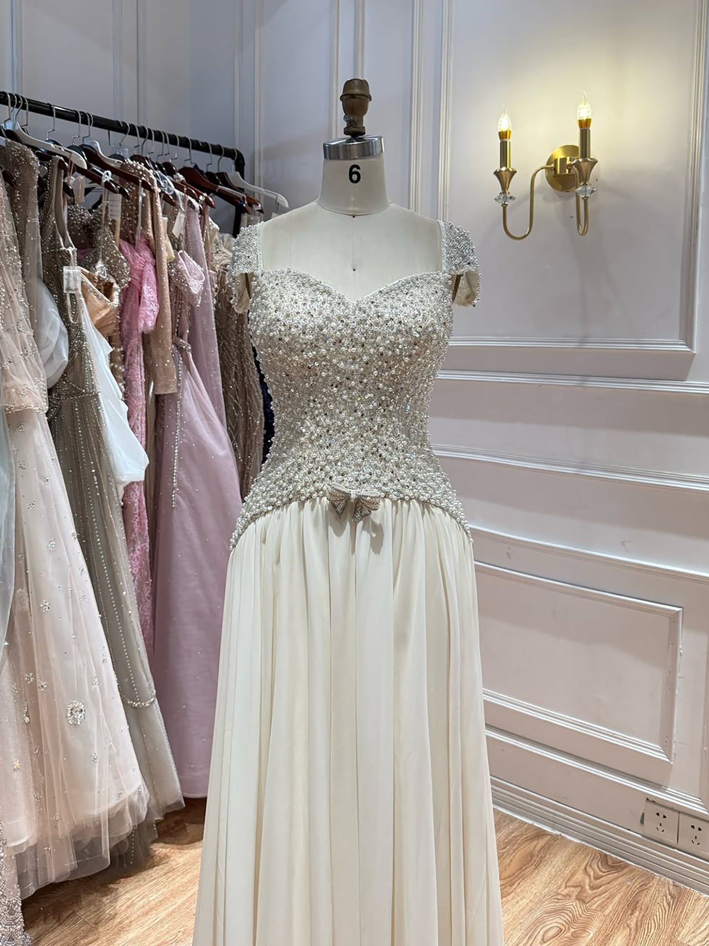 Luxury Beige Pearls Beaded Cap Sleeves A-Line Evening Dress LA73893