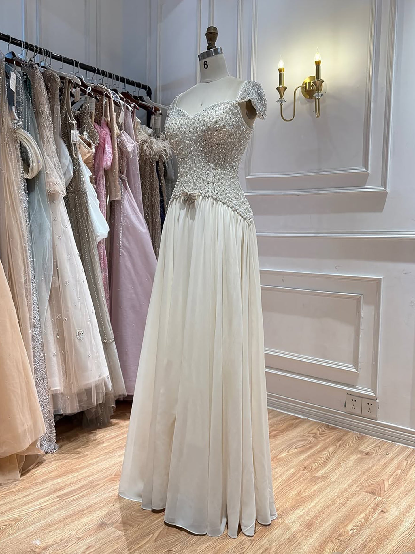 Luxury Beige Pearls Beaded Cap Sleeves A-Line Evening Dress LA73893