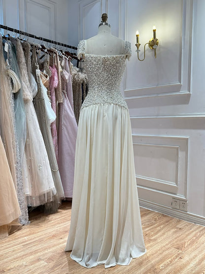 Luxury Beige Pearls Beaded Cap Sleeves A-Line Evening Dress LA73893