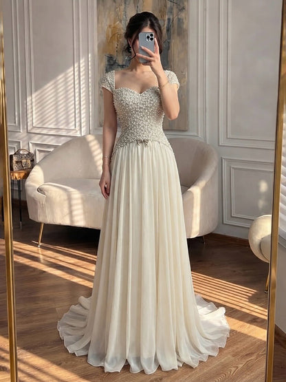 Luxury Beige Pearls Beaded Cap Sleeves A-Line Evening Dress LA73893