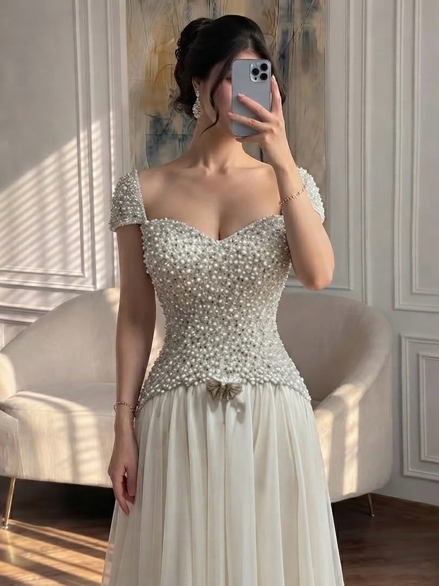 Luxury Beige Pearls Beaded Cap Sleeves A-Line Evening Dress LA73893