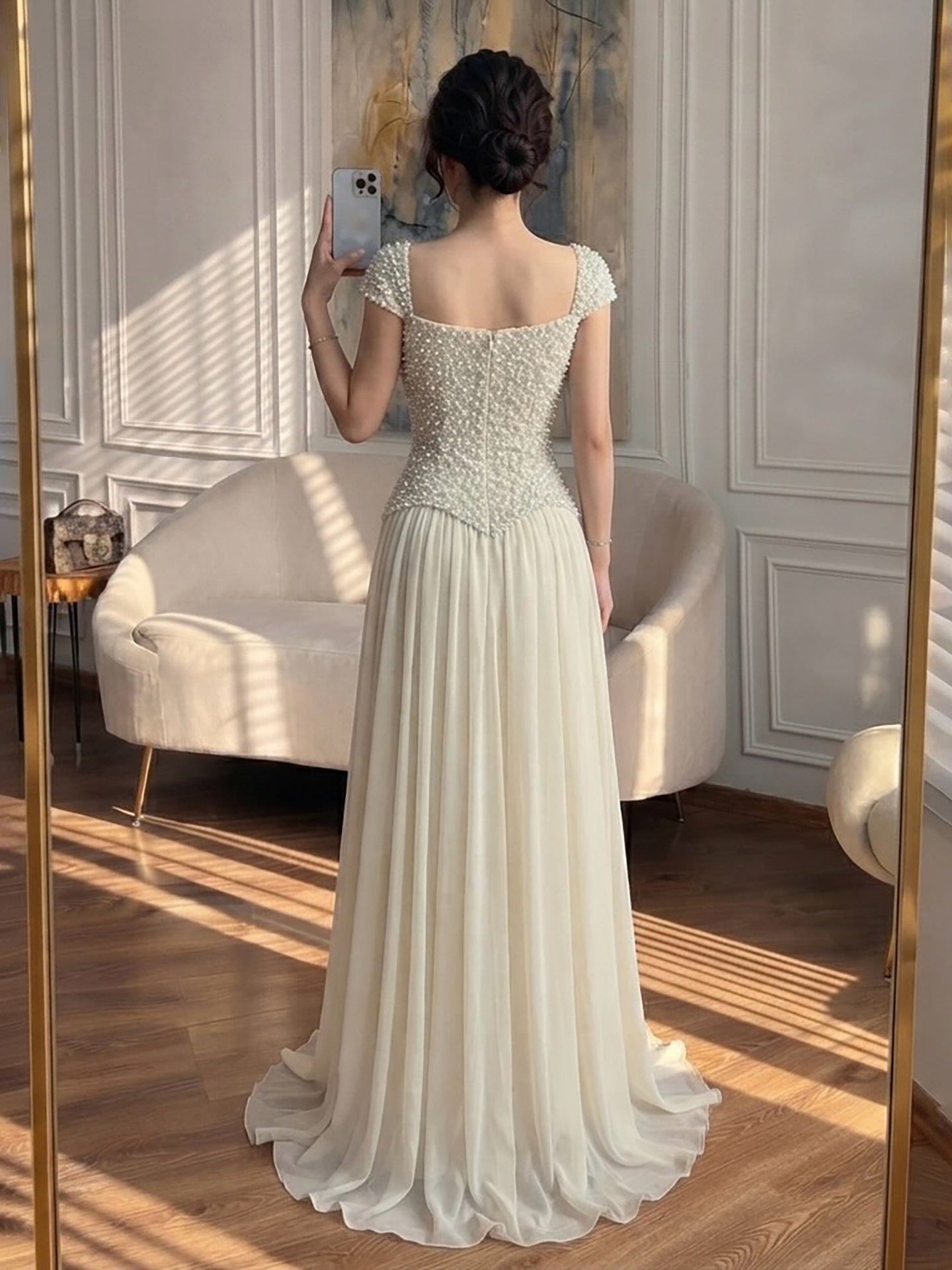 Luxury Beige Pearls Beaded Cap Sleeves A-Line Evening Dress LA73893
