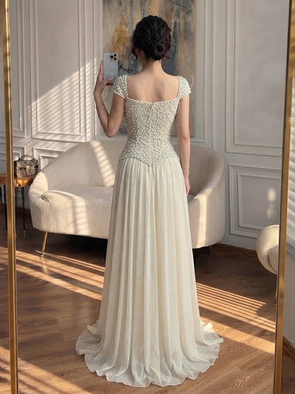Luxury Beige Pearls Beaded Cap Sleeves A-Line Evening Dress LA73893