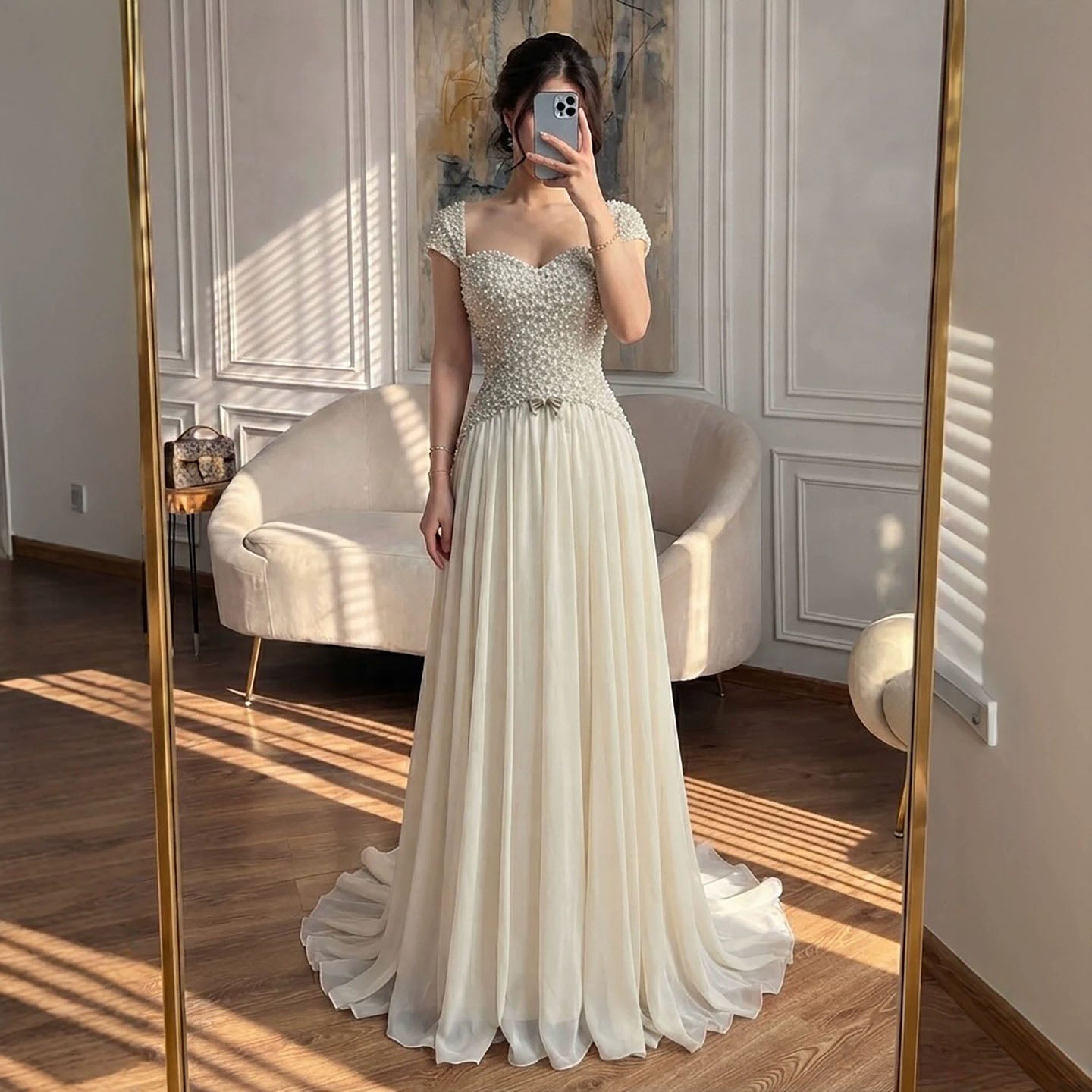 Luxury Beige Pearls Beaded Cap Sleeves A-Line Evening Dress LA73893