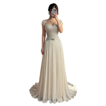 Luxury Beige Pearls Beaded Cap Sleeves A-Line Evening Dress LA73893
