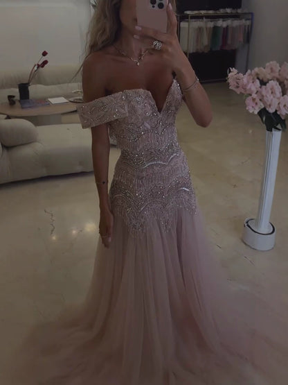 Luxury Pink Off the Shoulder Beaded Tassel A Line Evening Dress LA73894
