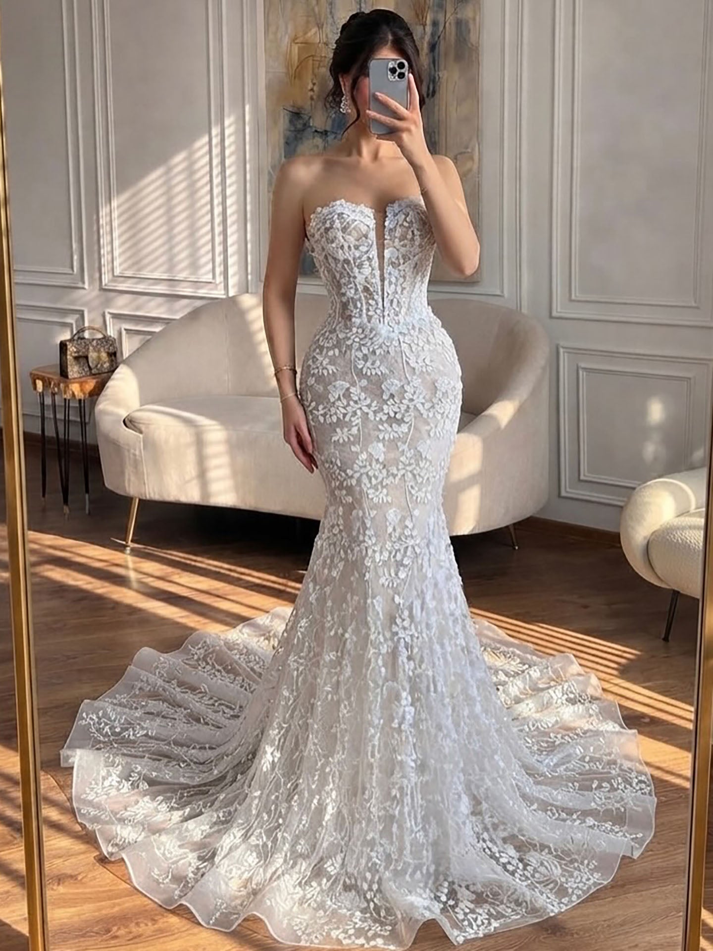 Luxury White Beaded Floral Lace Appliques Mermaid Wedding Dress LA73900