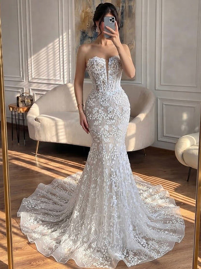 Luxury White Beaded Floral Lace Appliques Mermaid Wedding Dress LA73900