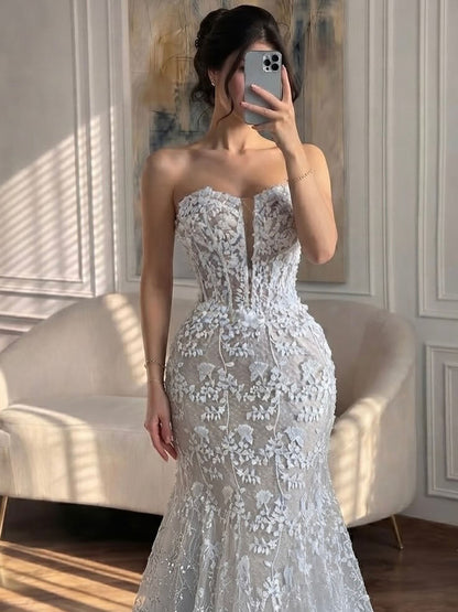 Luxury White Beaded Floral Lace Appliques Mermaid Wedding Dress LA73900