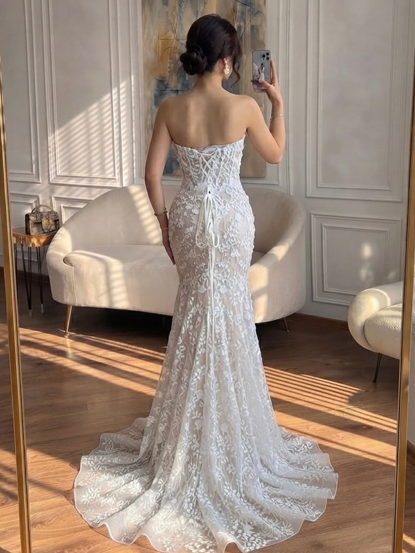 Luxury White Beaded Floral Lace Appliques Mermaid Wedding Dress LA73900