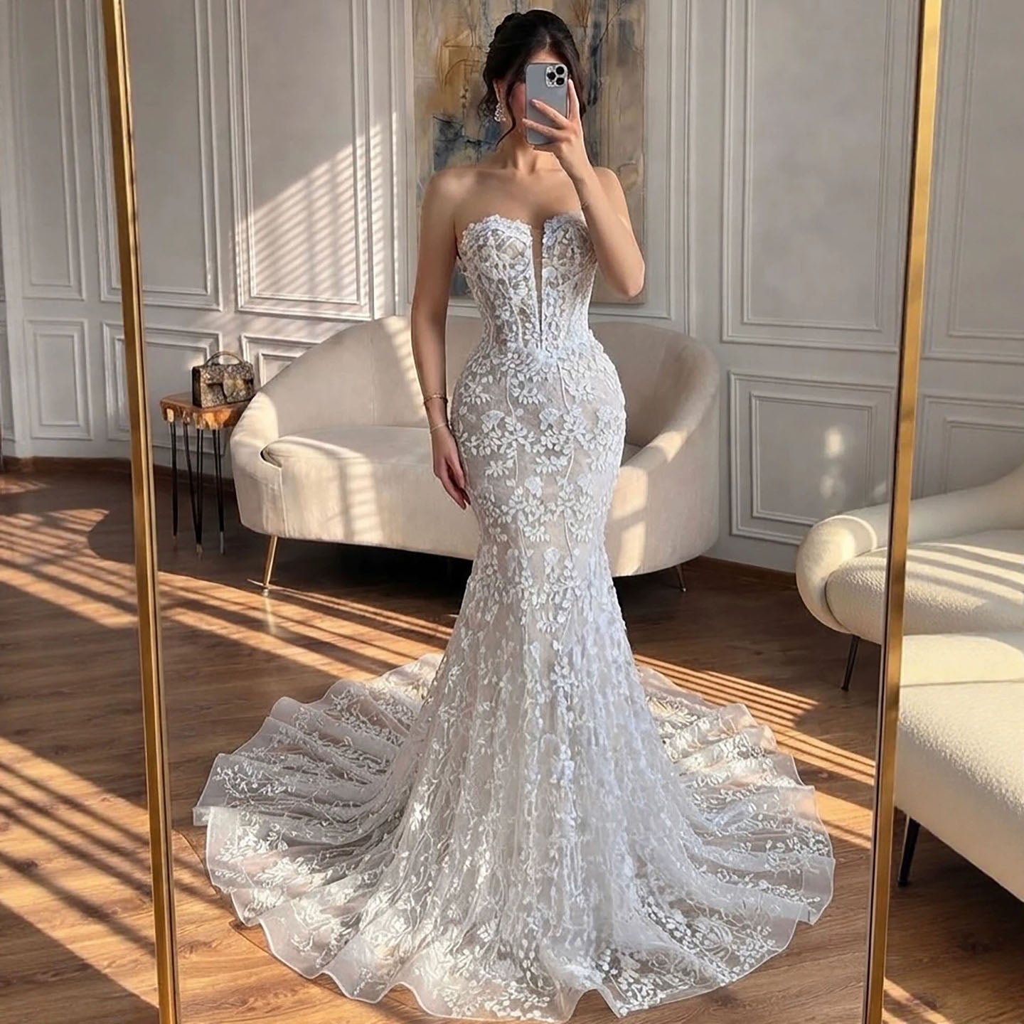 Luxury White Beaded Floral Lace Appliques Mermaid Wedding Dress LA73900