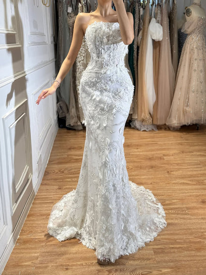 Luxury White 3D Floral Lace Strapless Mermaid Wedding Dress LA73901