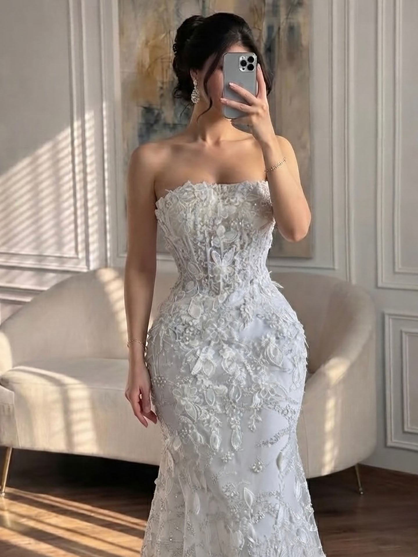 Luxury White 3D Floral Lace Strapless Mermaid Wedding Dress LA73901