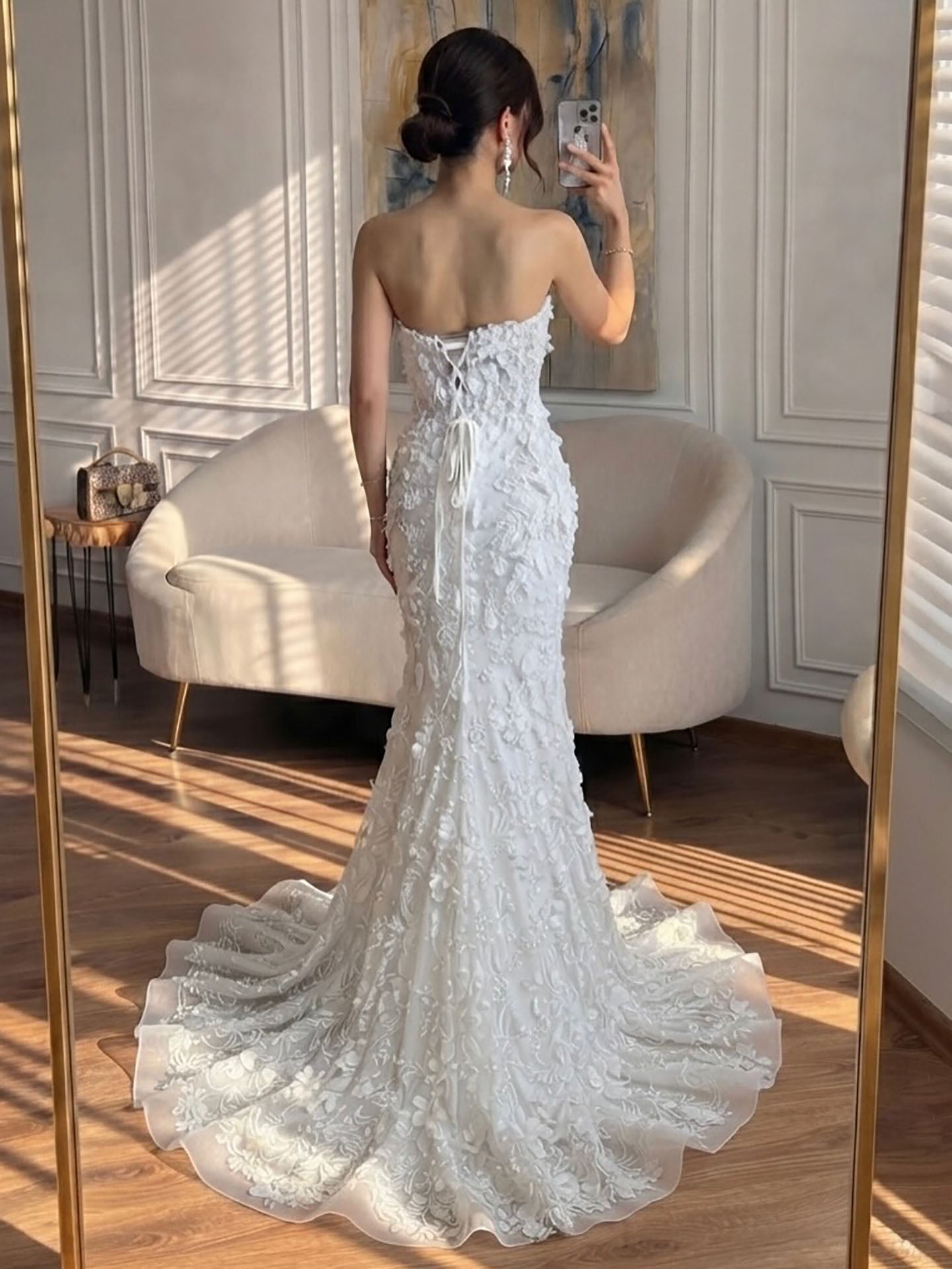 Luxury White 3D Floral Lace Strapless Mermaid Wedding Dress LA73901