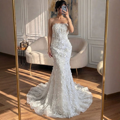 Luxury White 3D Floral Lace Strapless Mermaid Wedding Dress LA73901