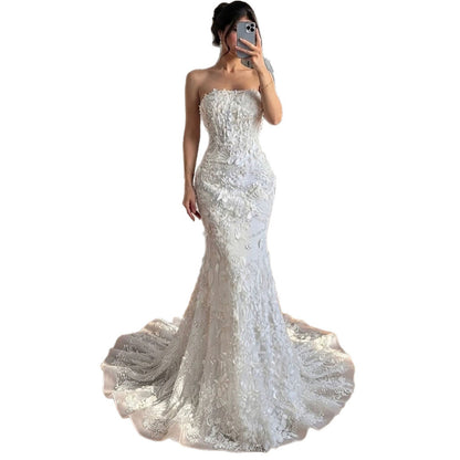 Luxury White 3D Floral Lace Strapless Mermaid Wedding Dress LA73901