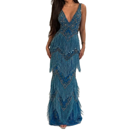 Luxury Blue Deep V Neck Beaded Tassel Mermaid Evening Dress LA73902
