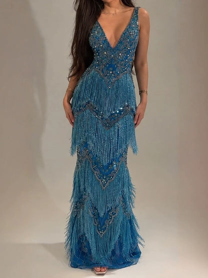 Luxury Blue Deep V Neck Beaded Tassel Mermaid Evening Dress LA73902