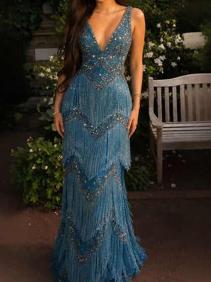 Luxury Blue Deep V Neck Beaded Tassel Mermaid Evening Dress LA73902