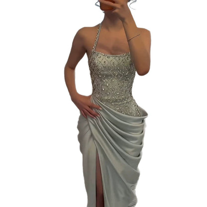 Luxury Sage Green Halter Crystal Beaded High Slit Evening Dress LA73904