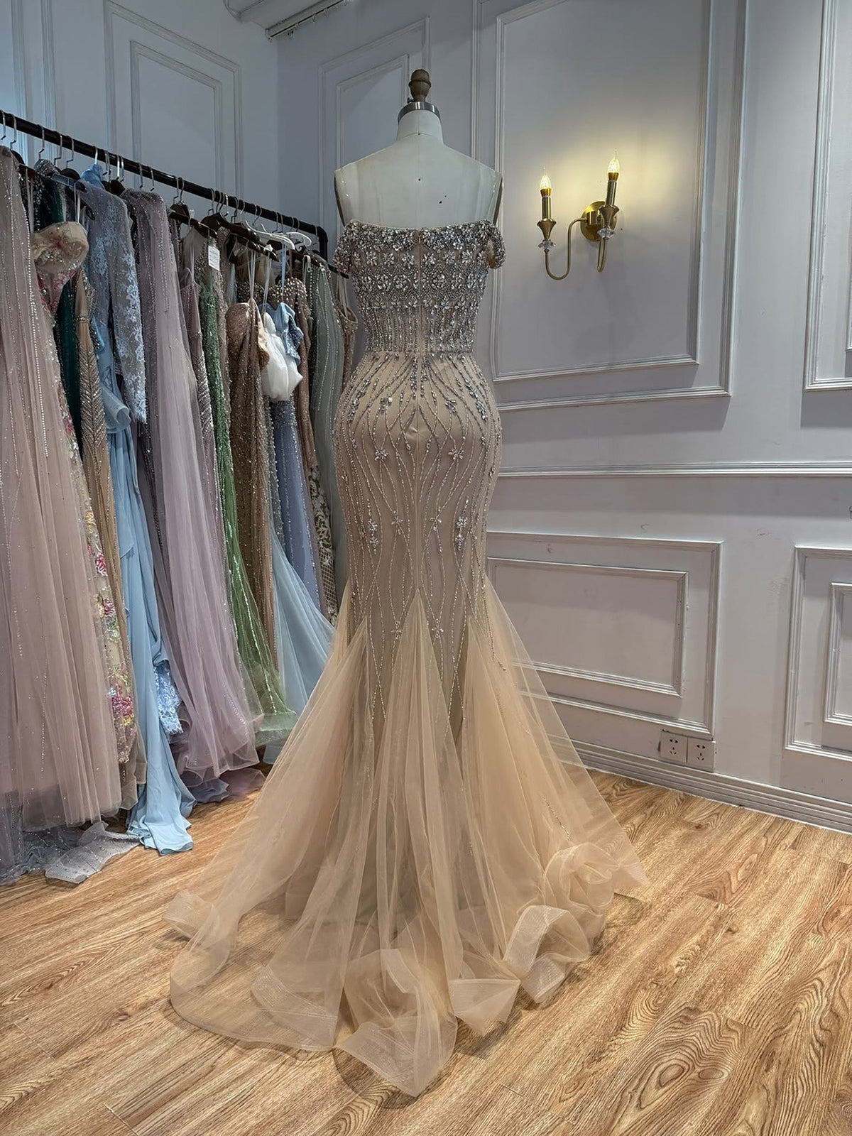 Luxury Nude Crystal Beaded Off Shoulder Mermaid Dress LA73906