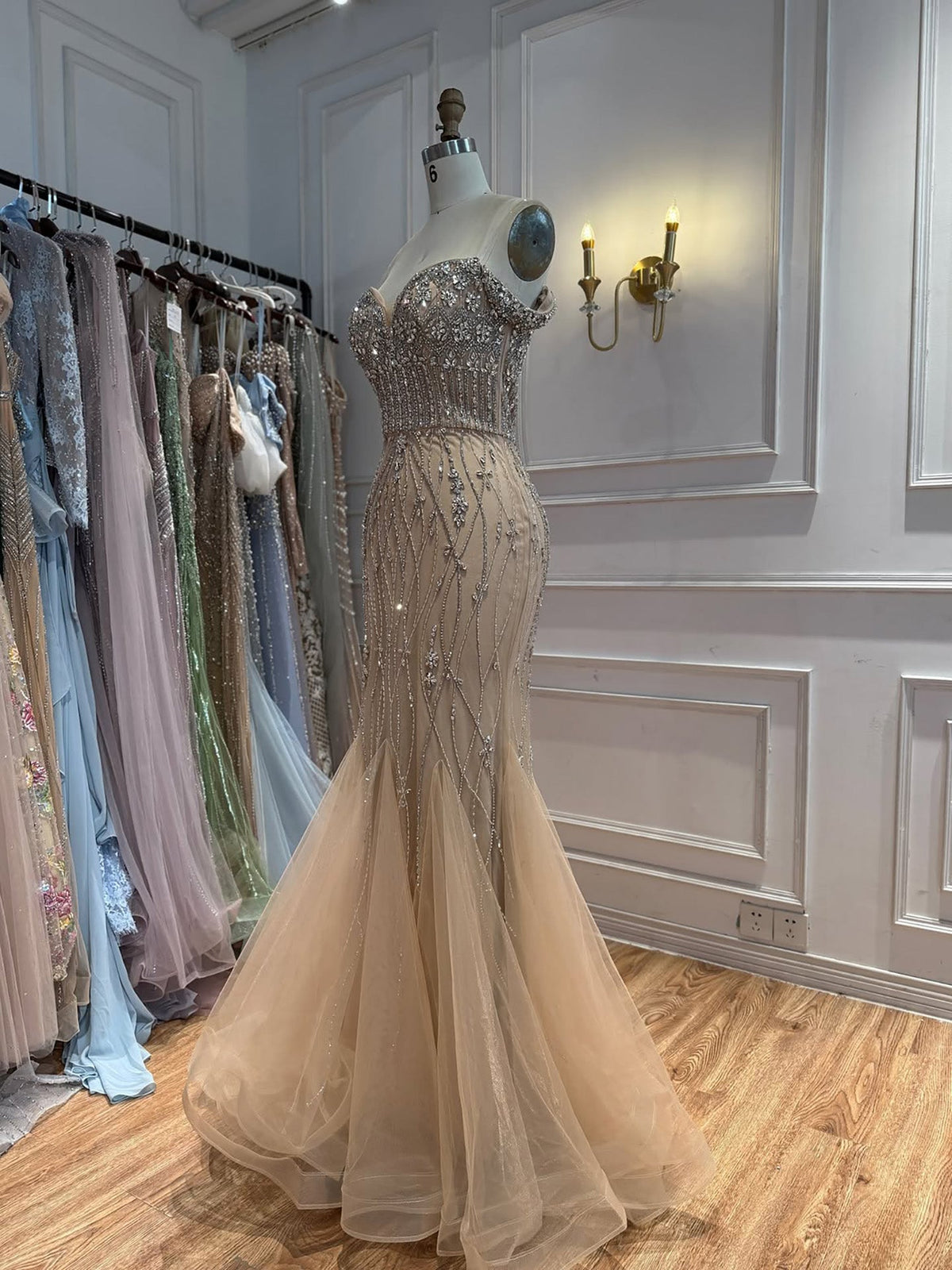 Luxury Nude Crystal Beaded Off Shoulder Mermaid Dress LA73906