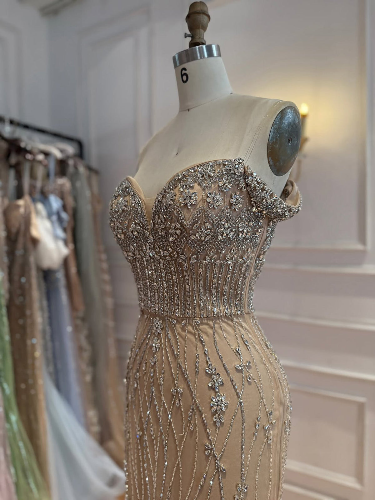 Luxury Nude Crystal Beaded Off Shoulder Mermaid Dress LA73906